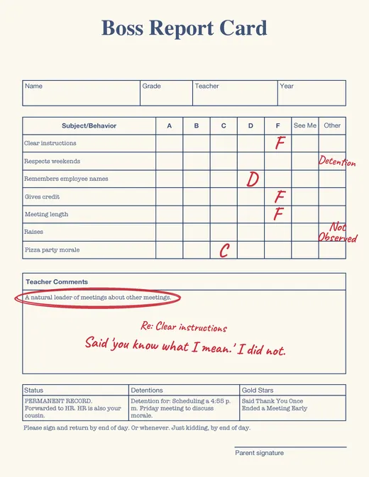 Boss report card with red-pen grades