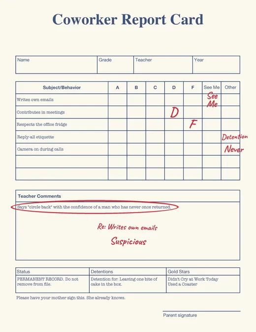 Coworker report card with red-pen grades