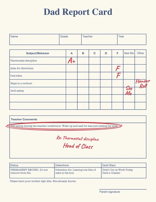 Dad report card with red-pen grades