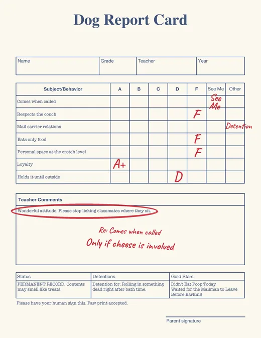 Dog report card with red-pen grades