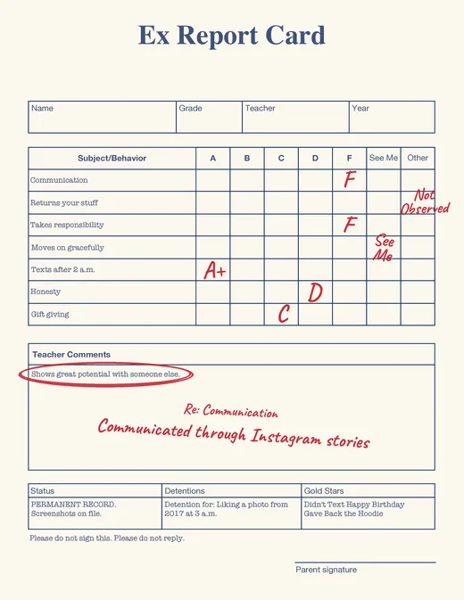 Ex report card with red-pen grades