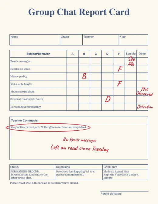 Group Chat report card with red-pen grades